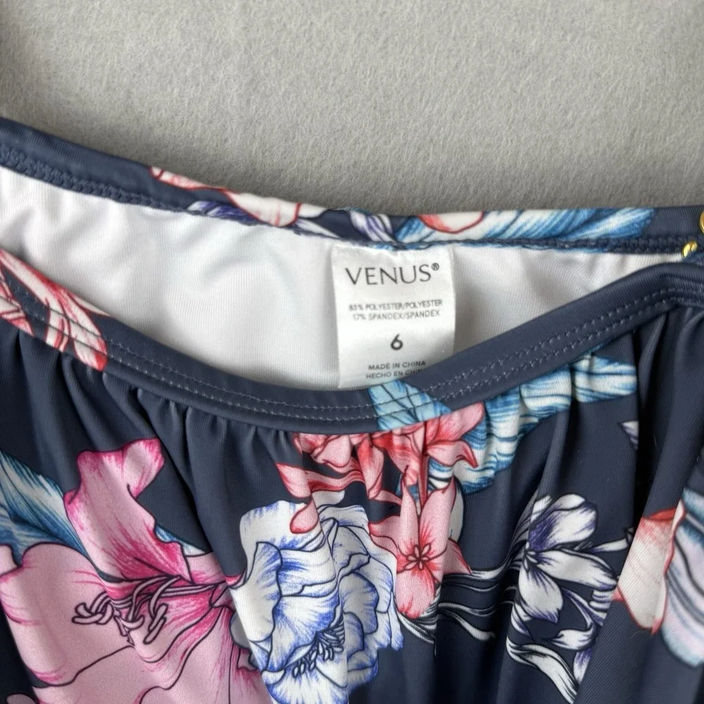 Venus Floral One‎ Piece Swimsuit Womens Sz 6 Navy Ruffle Off Shoulder Tropical